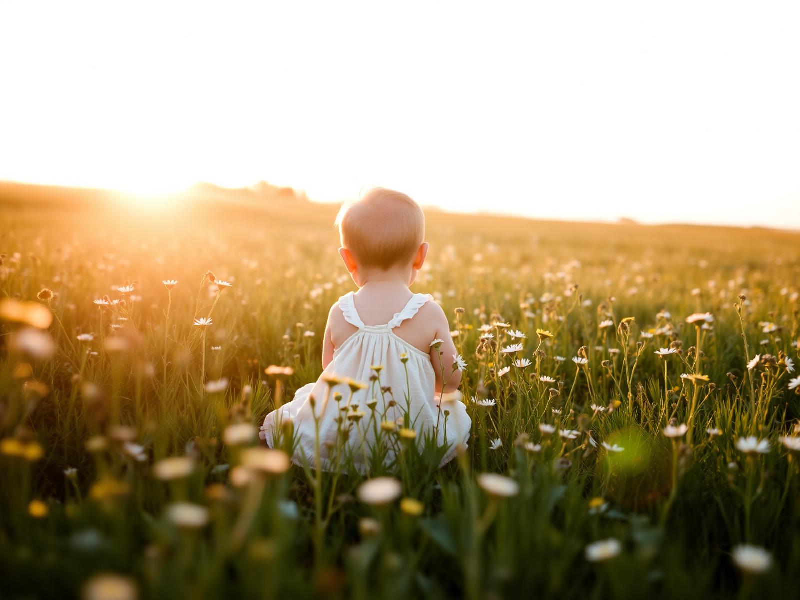 Baby in a wildflower field at golden hour